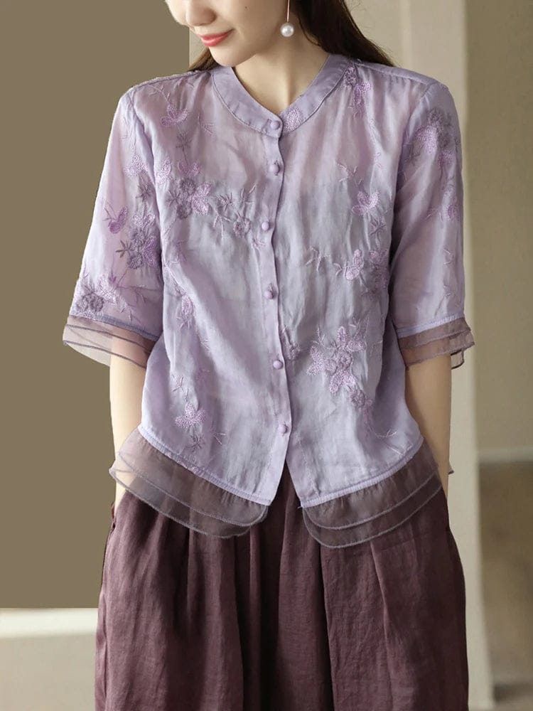 Lilac Breeze Embroidered Organza-Layered Top