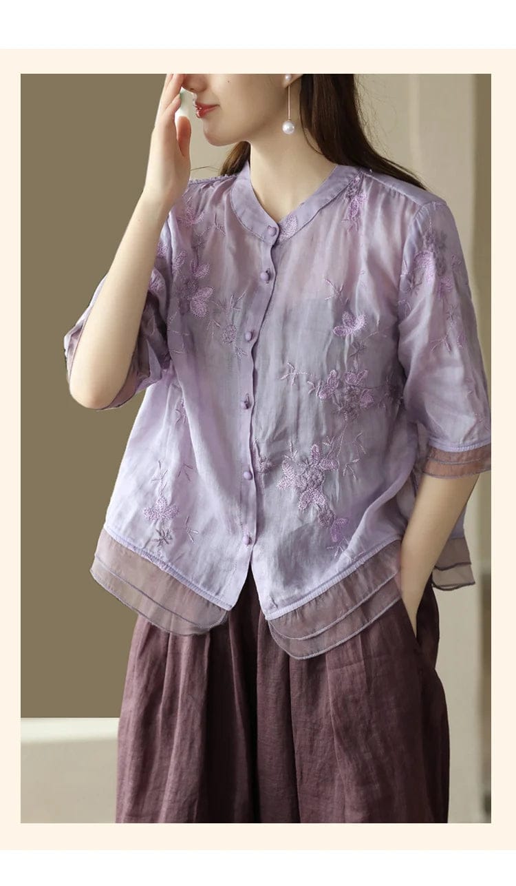 Lilac Breeze Embroidered Organza-Layered Top