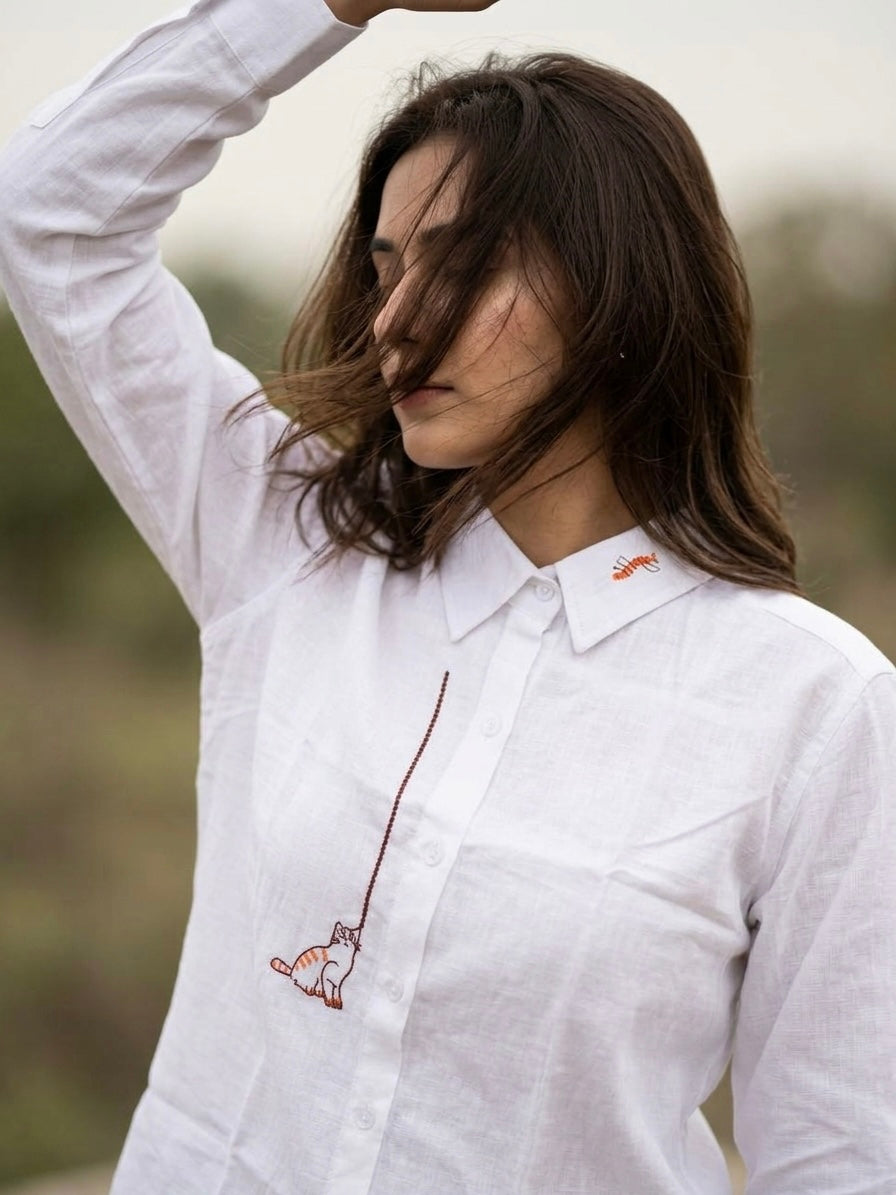 Whiskered Mischief  Embroidered Cat Shirt