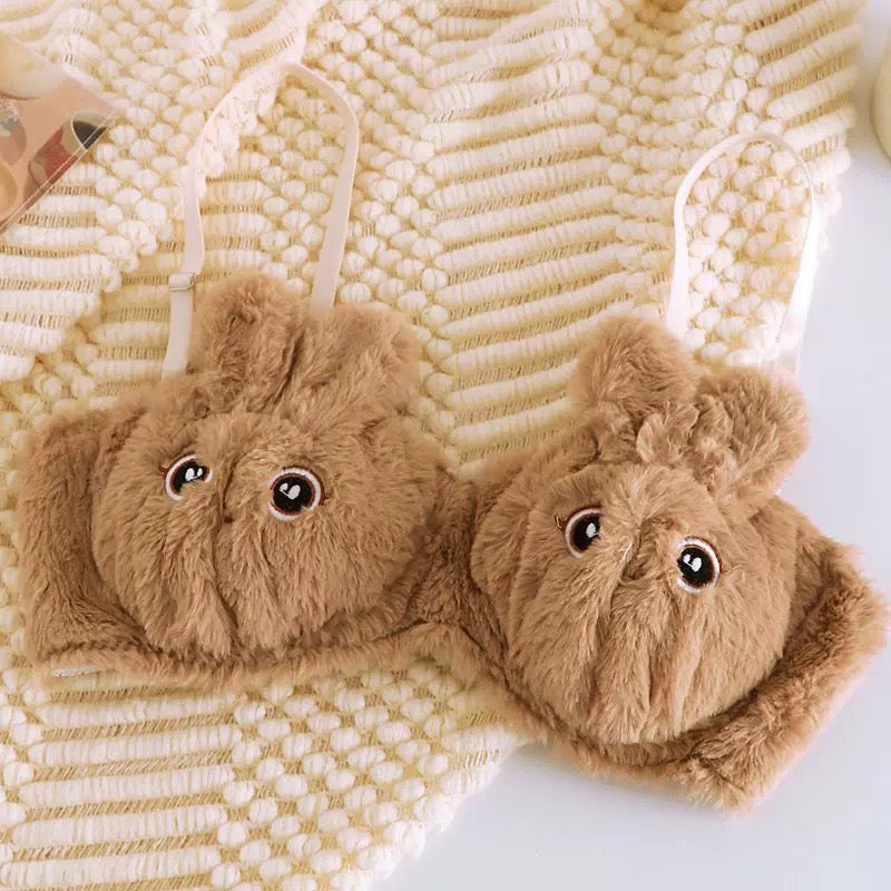 Fluffy Bunny Plush Lingerie Brown Set