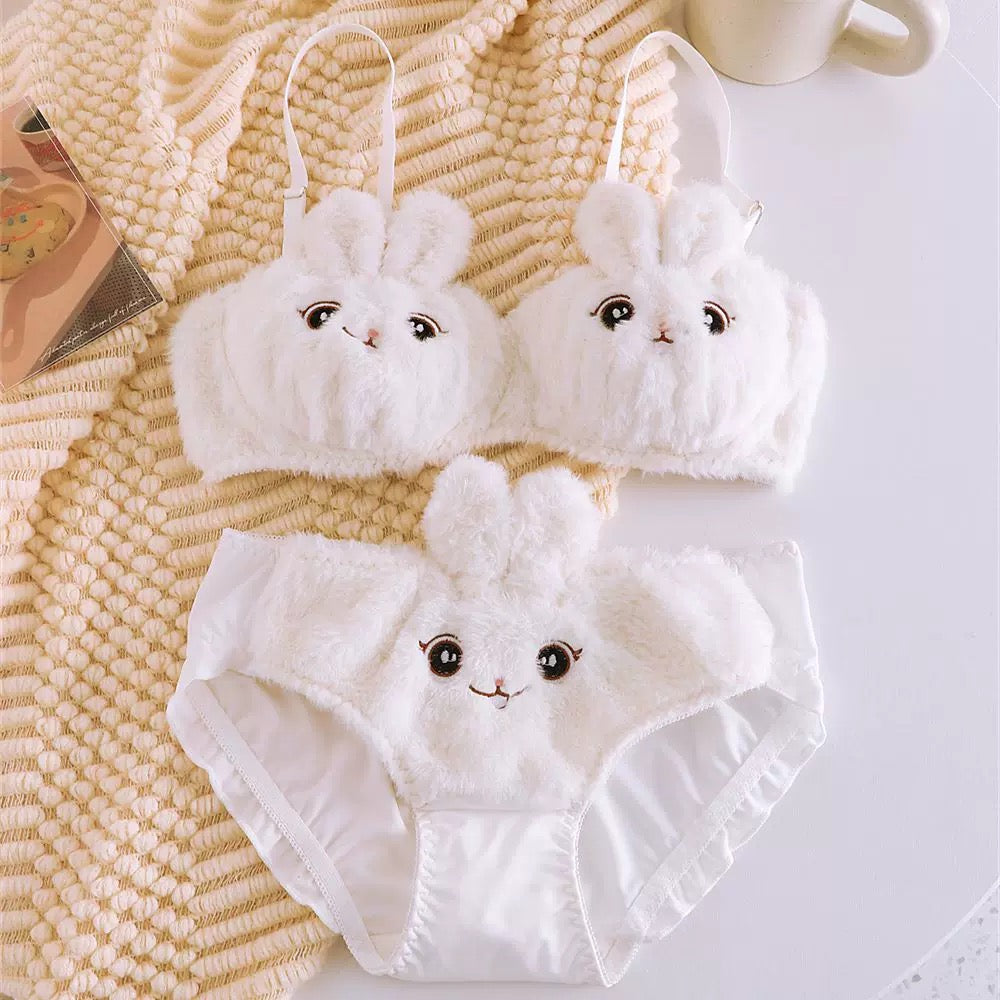 Fluffy Bunny Plush Lingerie White Set