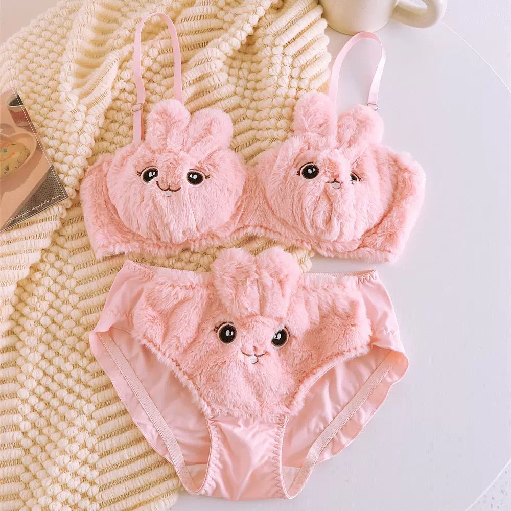 Fluffy Bunny Plush Lingerie Pink  Set