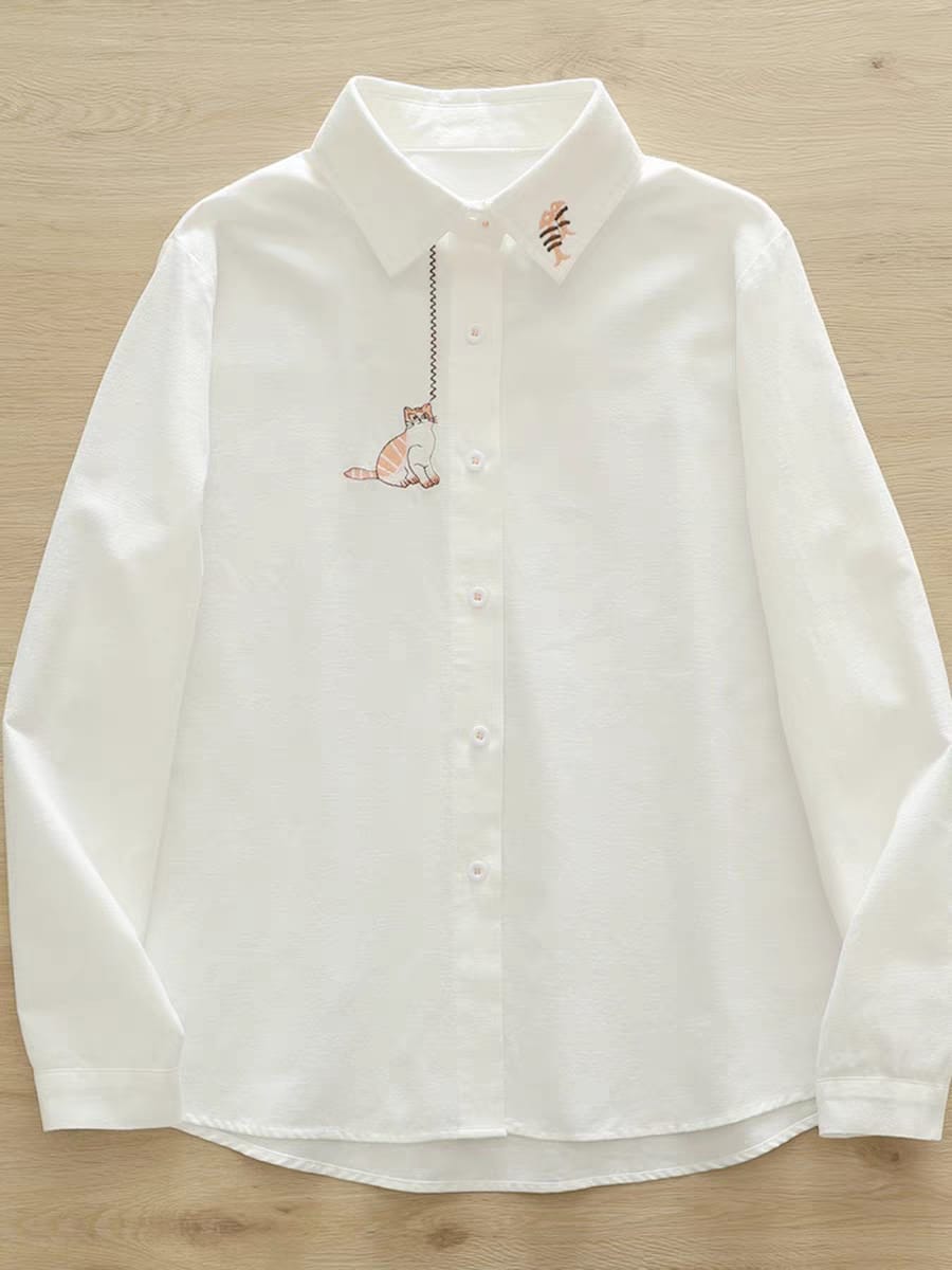 Whiskered Mischief  Embroidered Cat Shirt