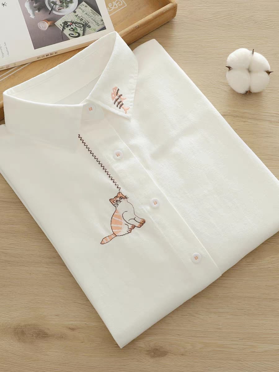 Whiskered Mischief  Embroidered Cat Shirt