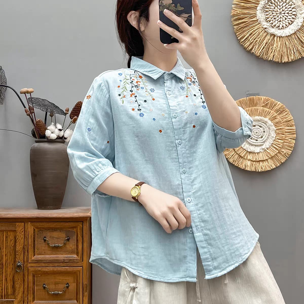 Blossom Breeze Embroidered Cotton Shirt