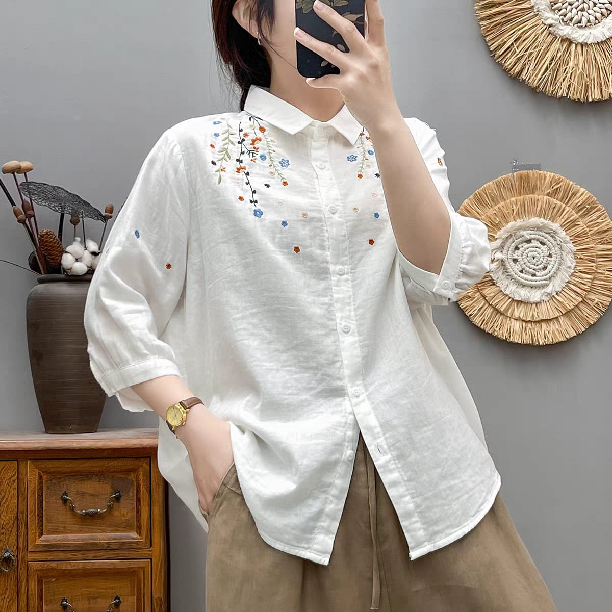 Blossom Breeze Embroidered Cotton Shirt