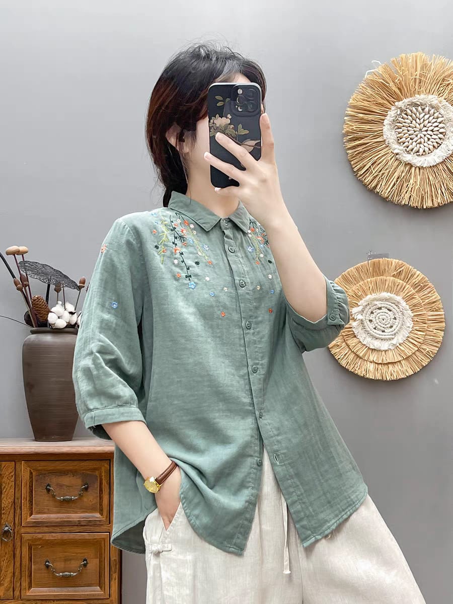 Blossom Breeze Embroidered Cotton Shirt