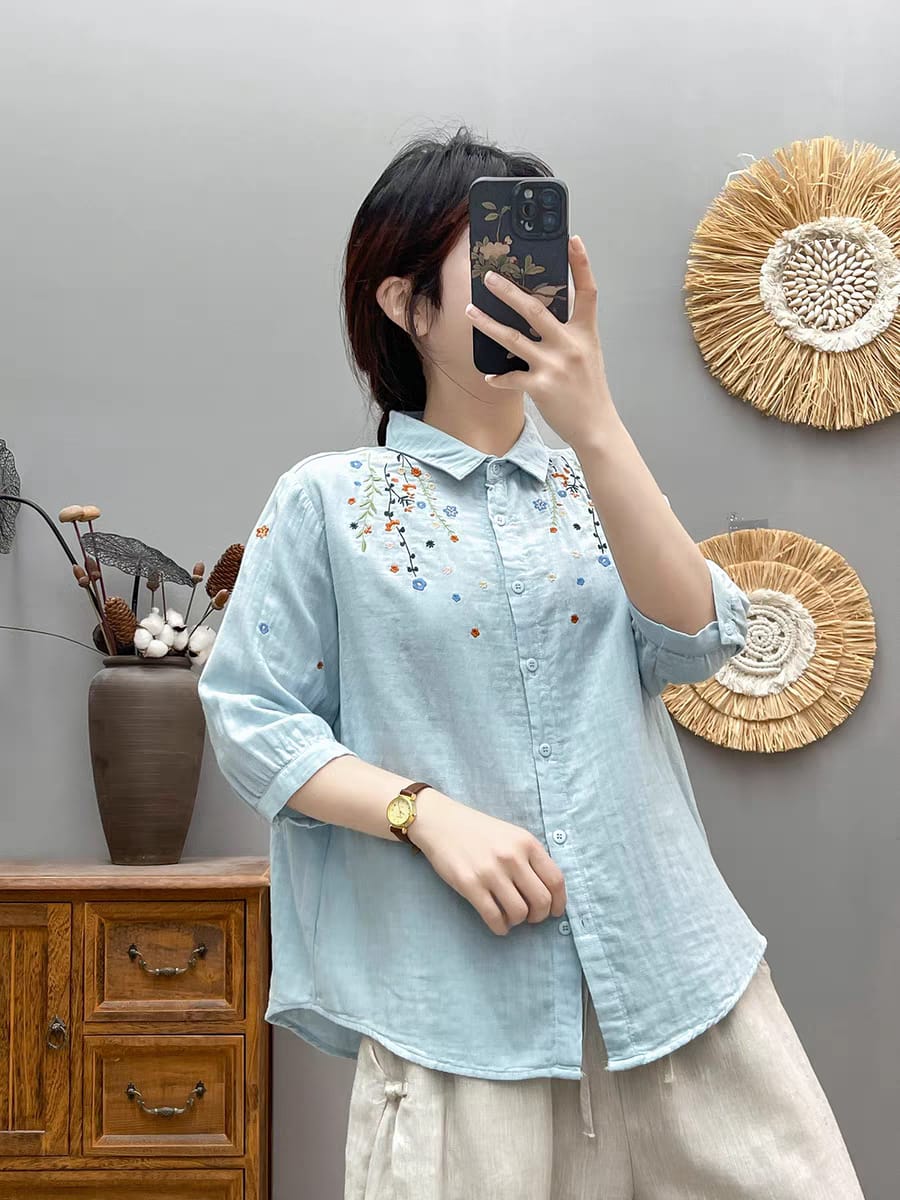 Blossom Breeze Embroidered Cotton Shirt