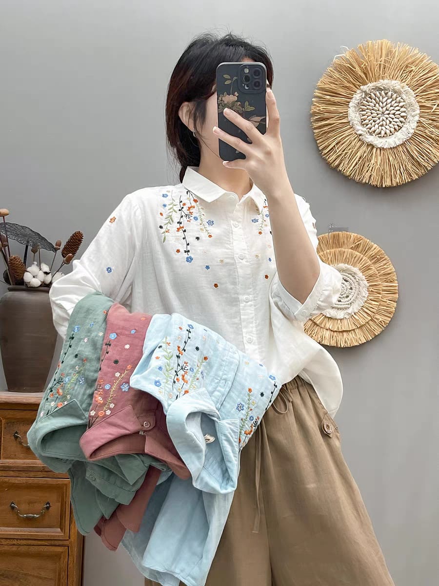 Blossom Breeze Embroidered Cotton Shirt