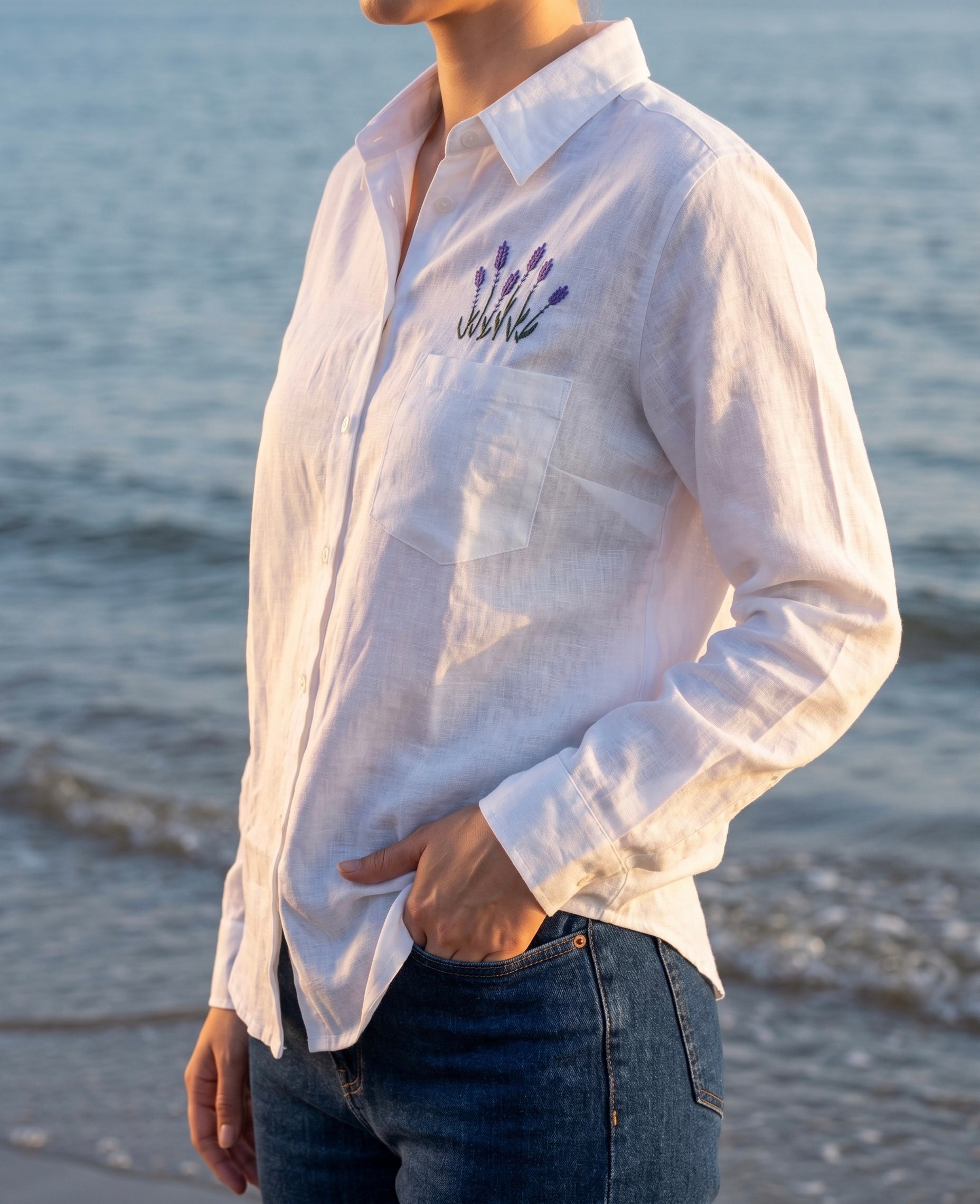 Lavender Pocket Embroidered Cotton Shirt