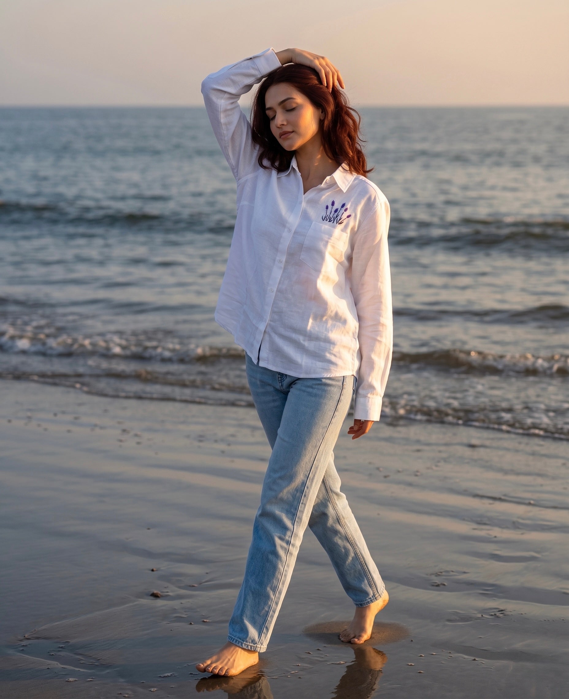 Lavender Pocket Embroidered Cotton Shirt