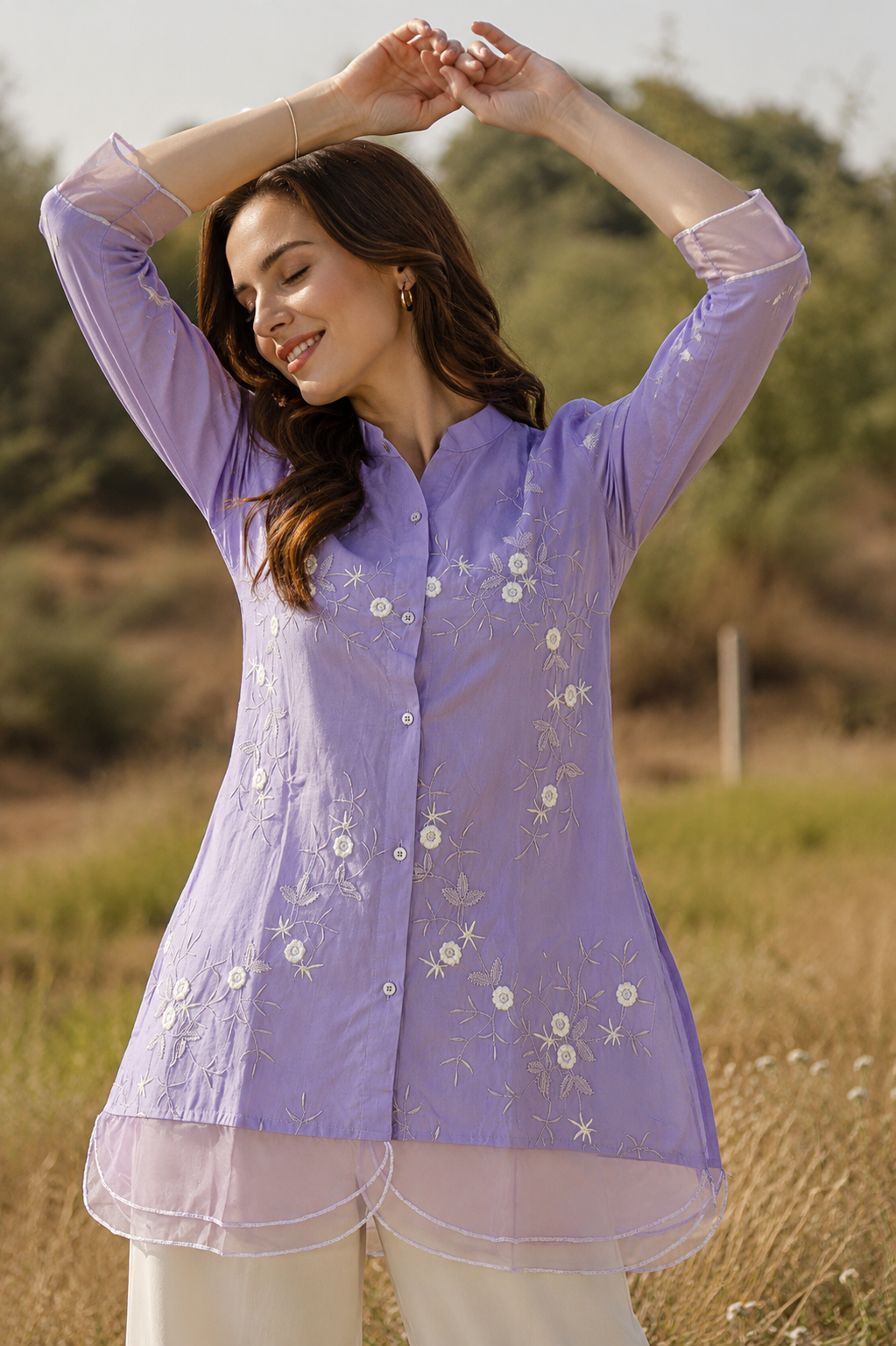 Lilac Breeze Embroidered Organza-Layered Top