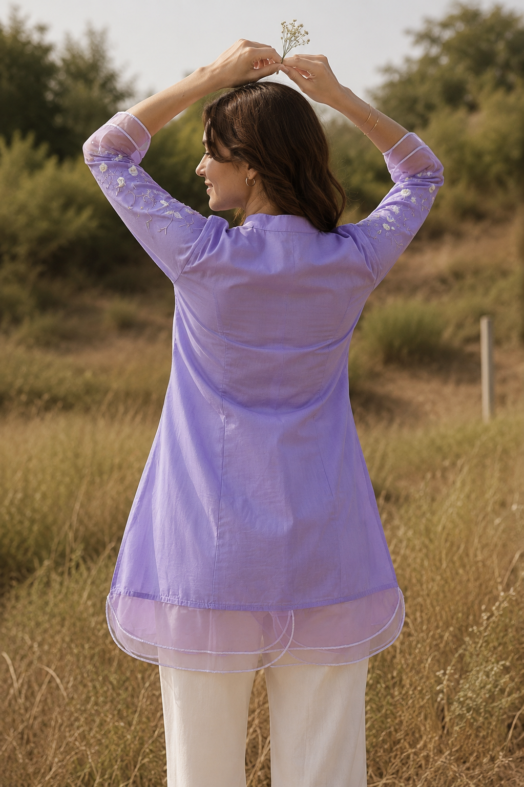 Lilac Breeze Embroidered Organza-Layered Top