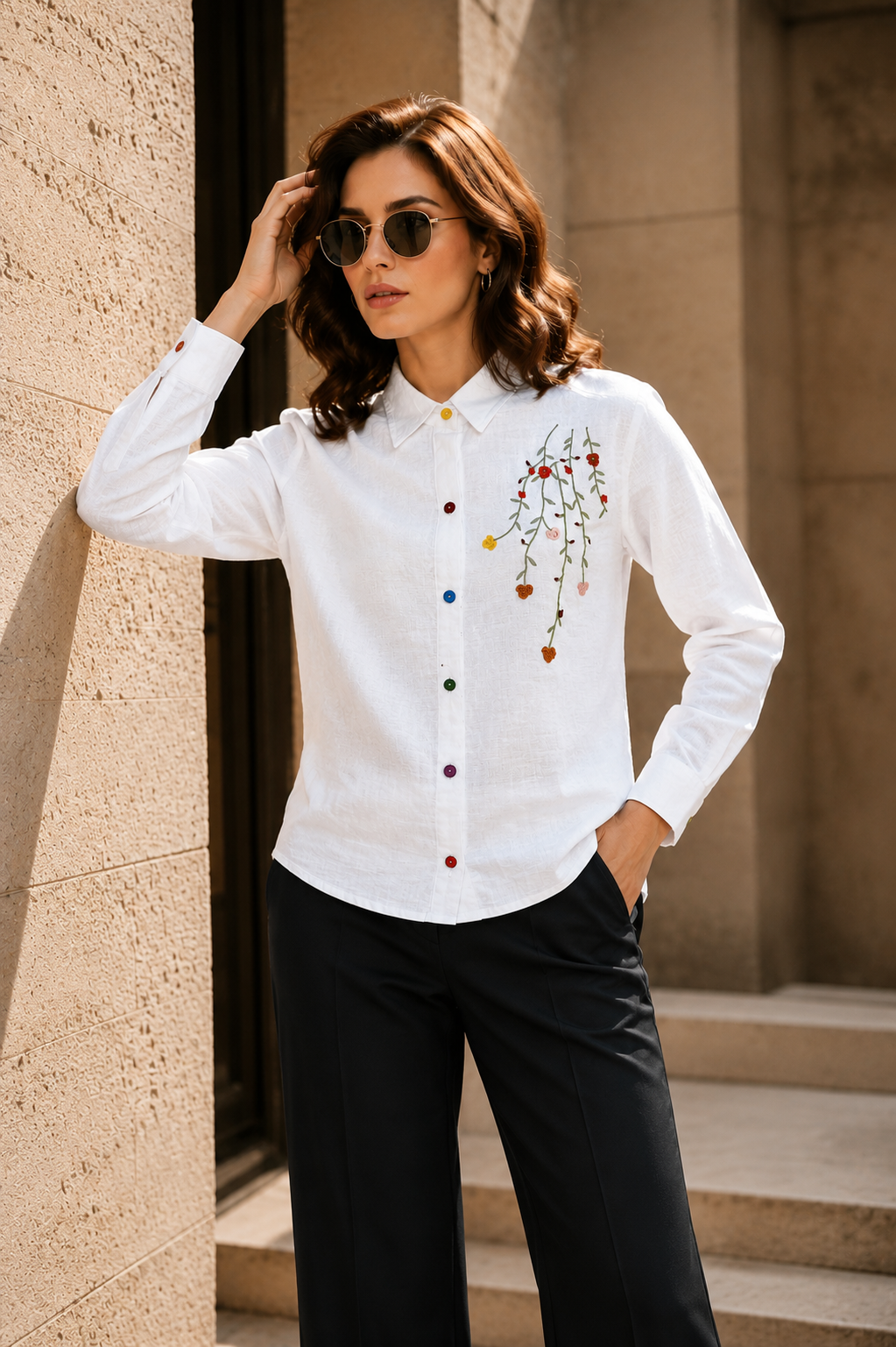 Meadow Mist Shirt  Playful Elegance in Pastel Stitches