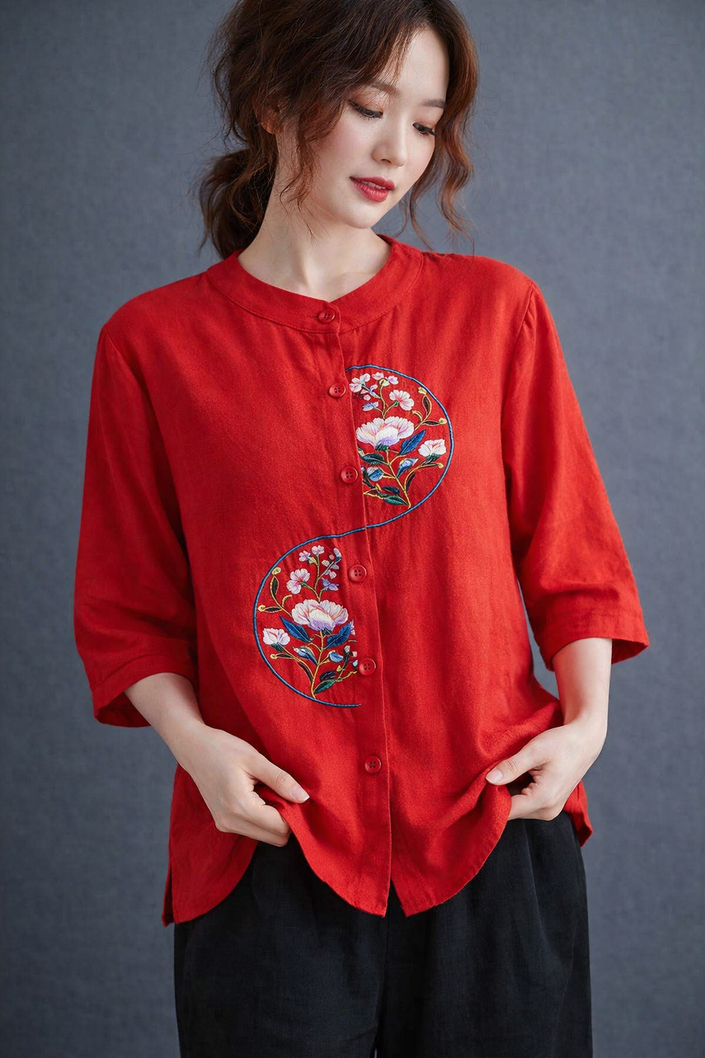 Rust Bloom Embroidered Cotton Top