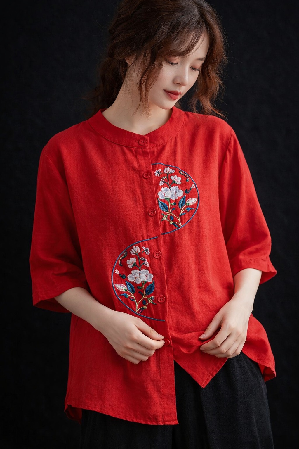 Rust Bloom Embroidered Cotton Top