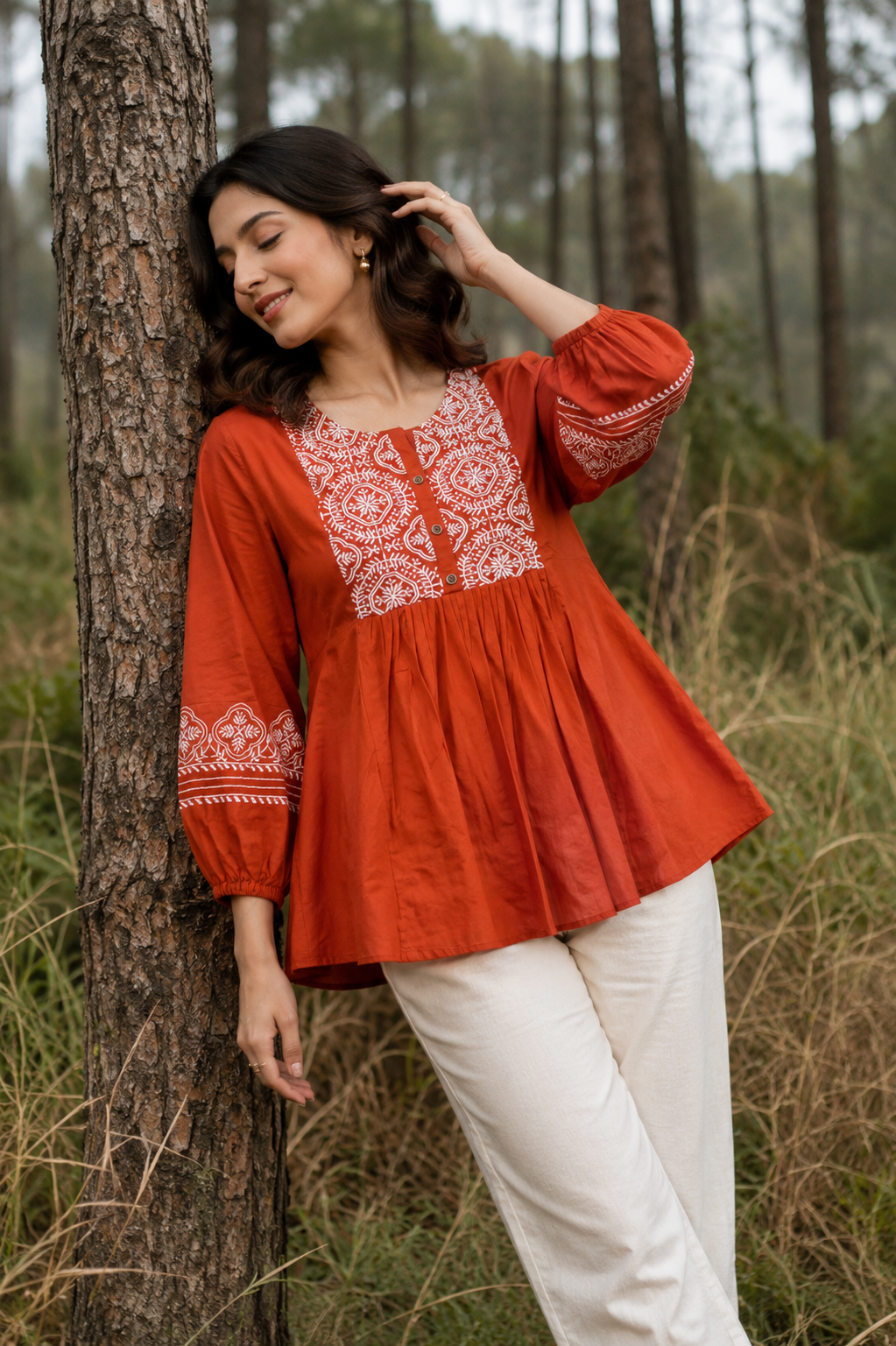 Rust Heritage Embroidery Tunic Top