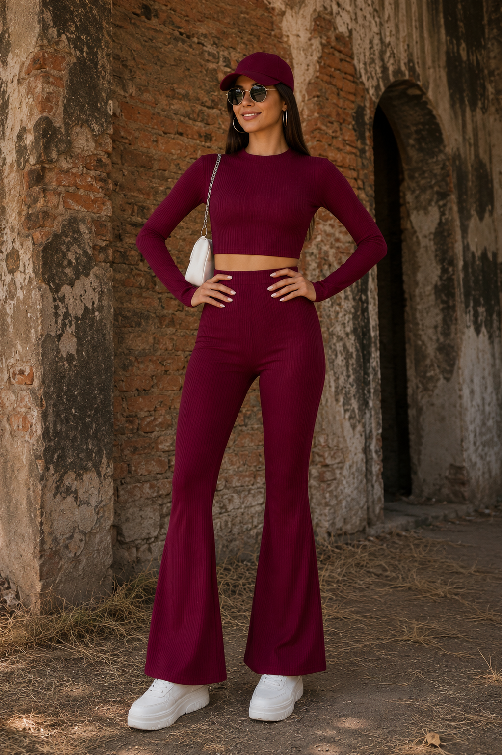 Wine Ribbed Flare Co-Ord Set – Bold Elegance