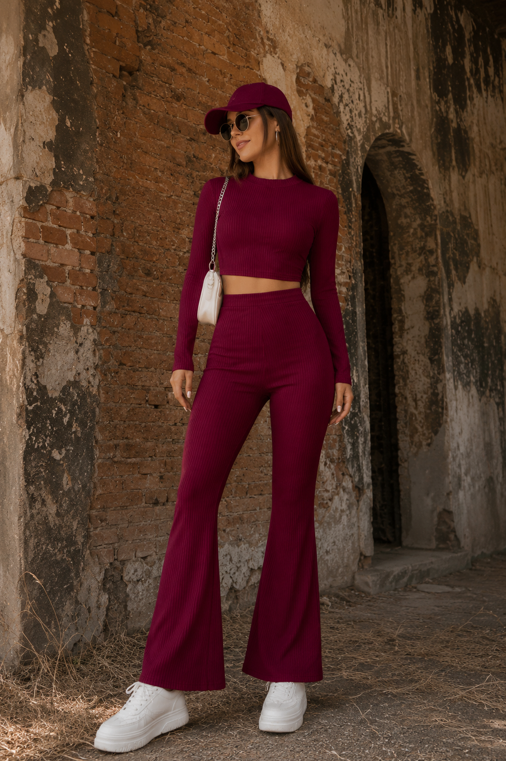 Wine Ribbed Flare Co-Ord Set – Bold Elegance