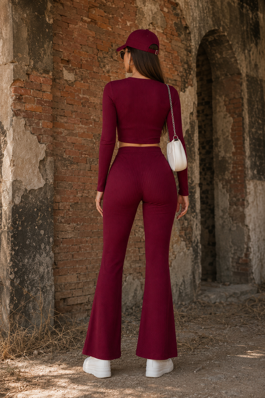 Wine Ribbed Flare Co-Ord Set – Bold Elegance