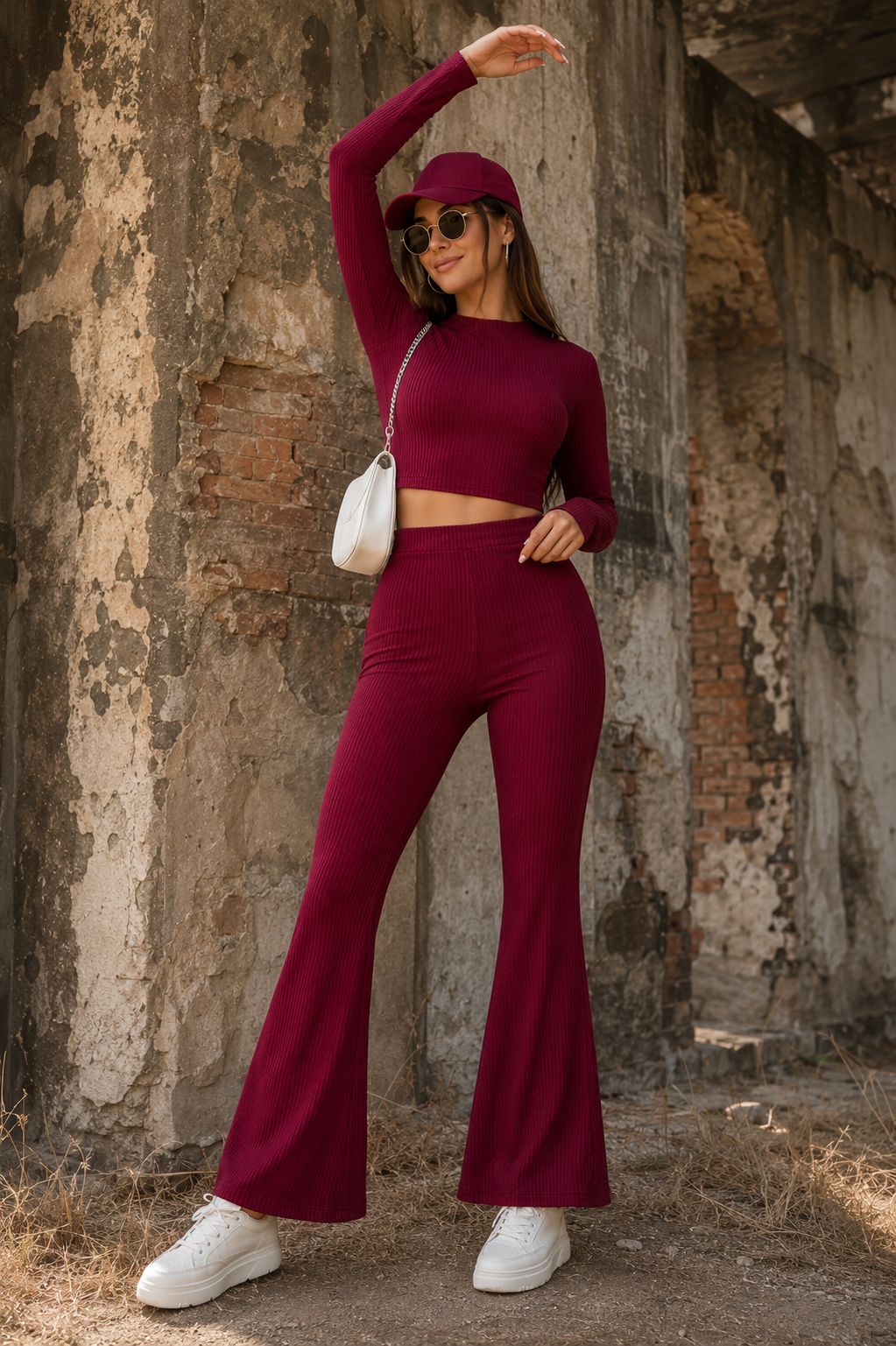 Wine Ribbed Flare Co-Ord Set – Bold Elegance