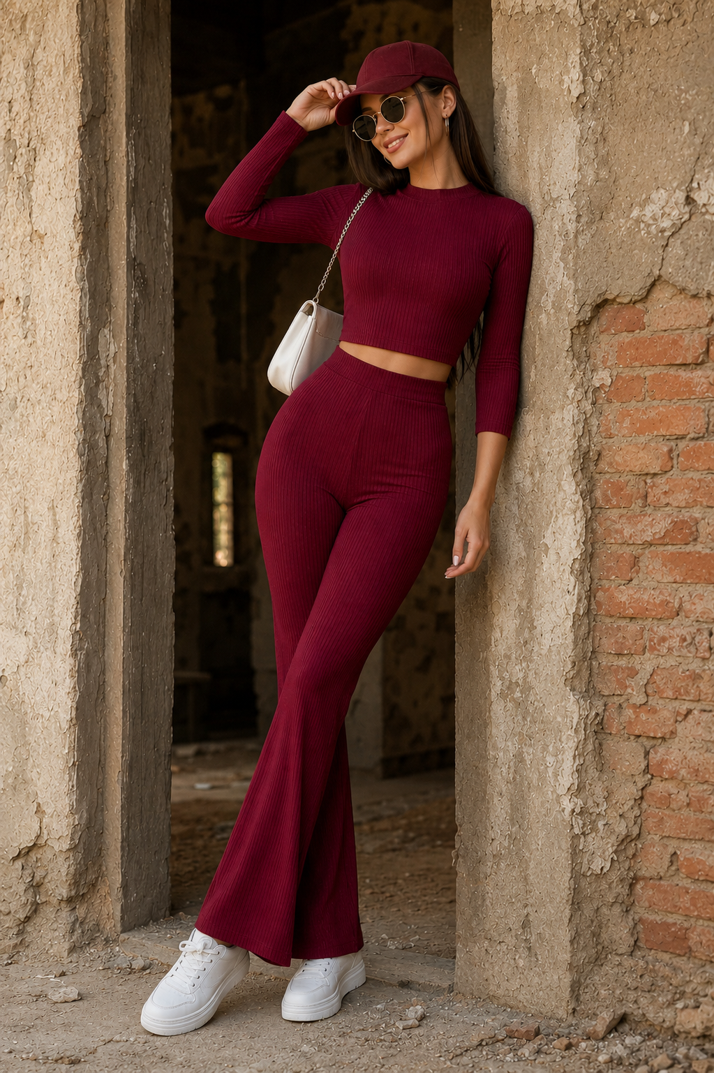 Wine Ribbed Flare Co-Ord Set – Bold Elegance