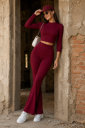Wine Ribbed Flare Co-Ord Set – Bold Elegance