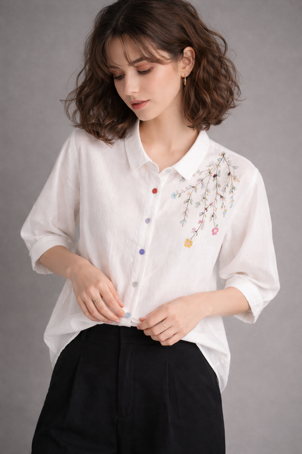 Meadow Mist Shirt  Playful Elegance in Pastel Stitches