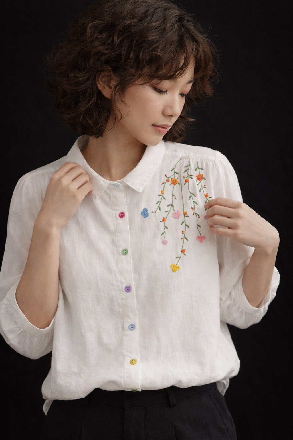 Meadow Mist Shirt  Playful Elegance in Pastel Stitches